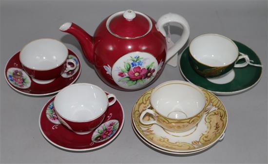 A Russian Gardner part tea set, inc. teapot and two Kornilov Bros cup and saucer sets and a small dish (one cup a.f)
